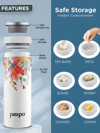 Pexpo White & Red Floral Printed Stainless Steel Double Wall Vacuum Water Bottle 500ML