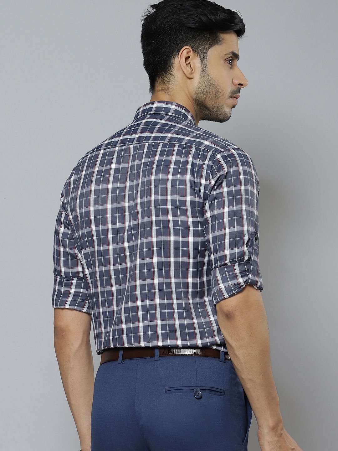 DENNISON Men Grey & White Pure Cotton Smart Slim Fit Tartan Checks Checked Formal Shirt