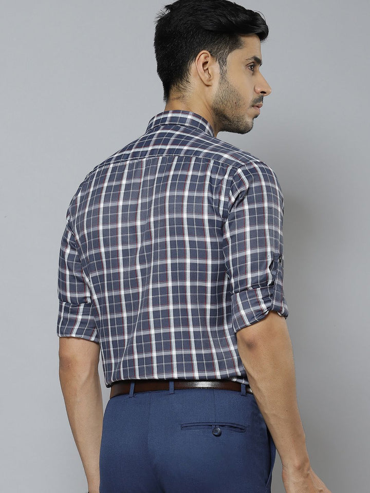DENNISON Men Grey & White Pure Cotton Smart Slim Fit Tartan Checks Checked Formal Shirt