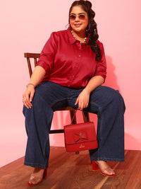 CURVY STREET Plus Size Red Classic Satin Casual Shirt