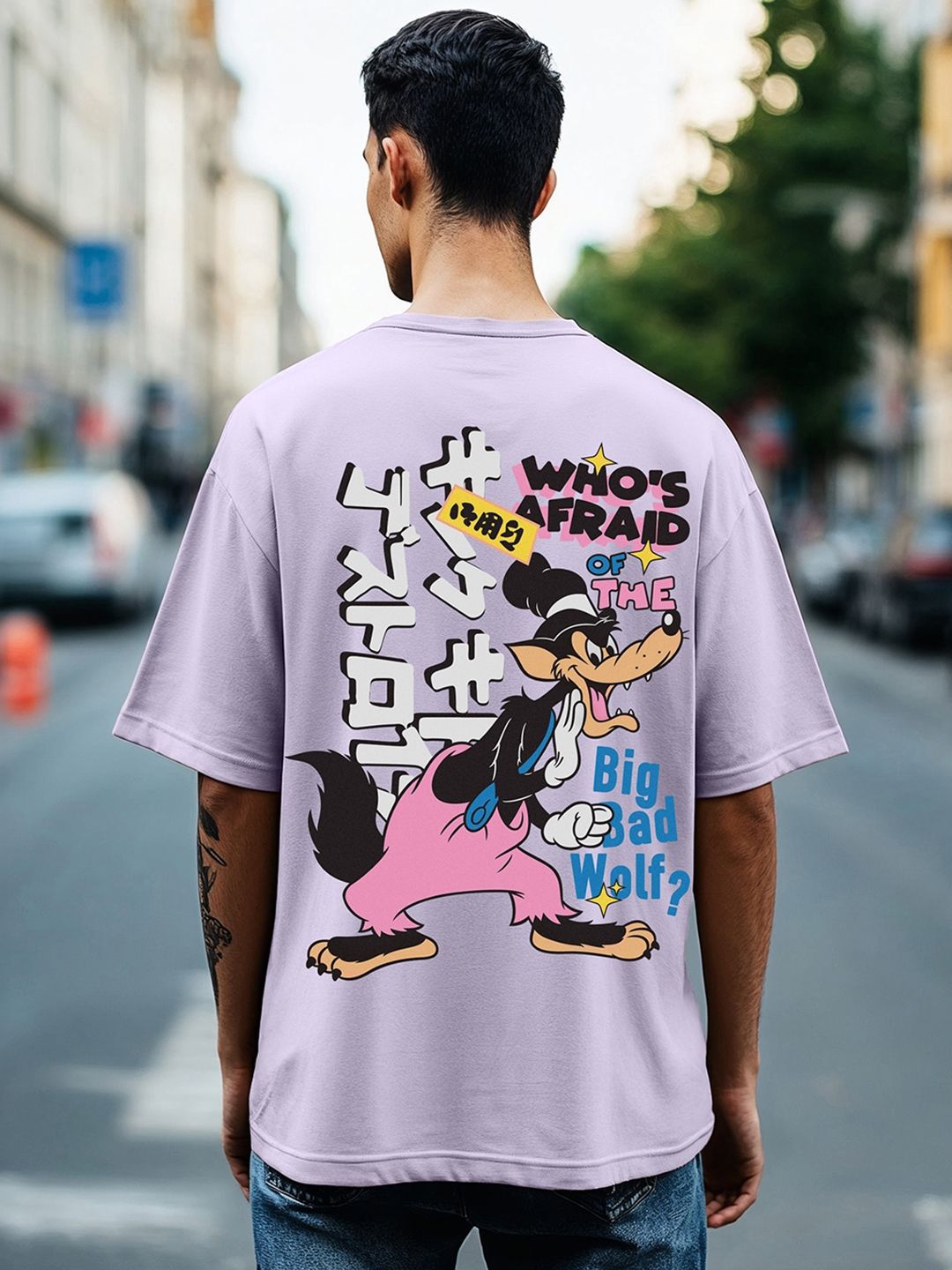 Bewakoof Big Bad Wolf Printed Drop-Shoulder Sleeves Oversized Cotton T-shirt