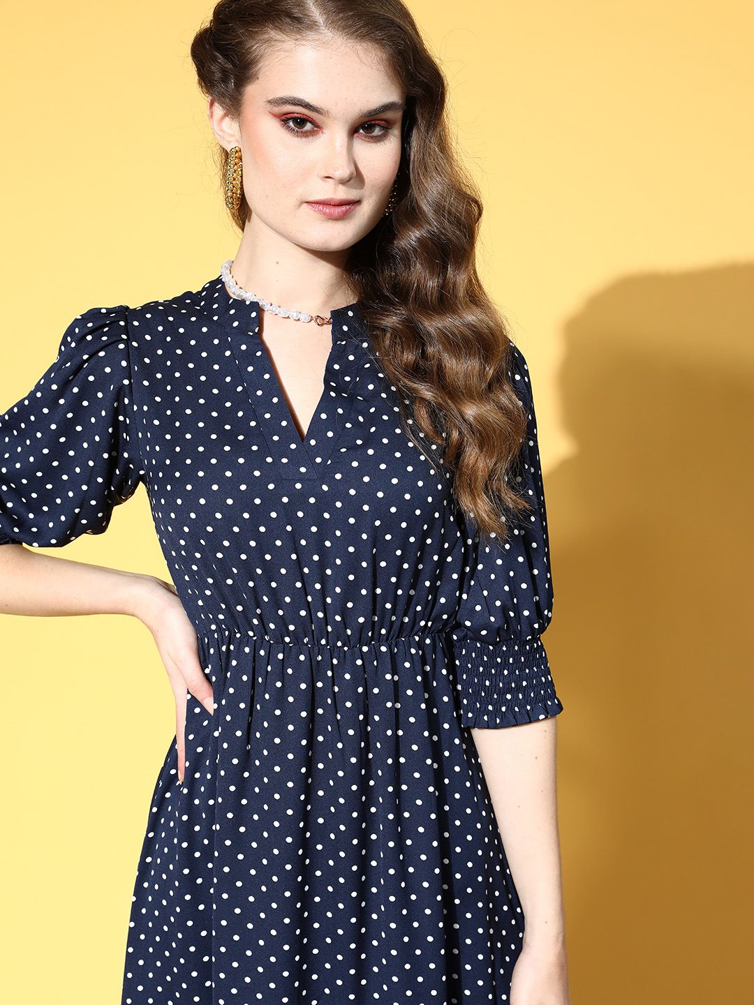Berrylush Women Deep Navy Blue Polka Dotted Volume Play Dress