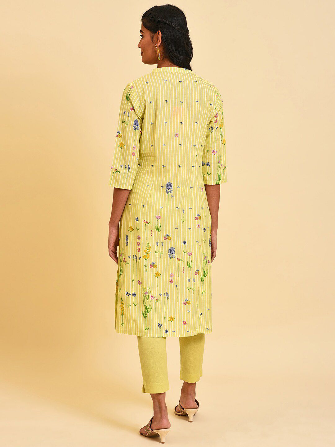 W Floral Printed Band Collar Kurta with Trousers