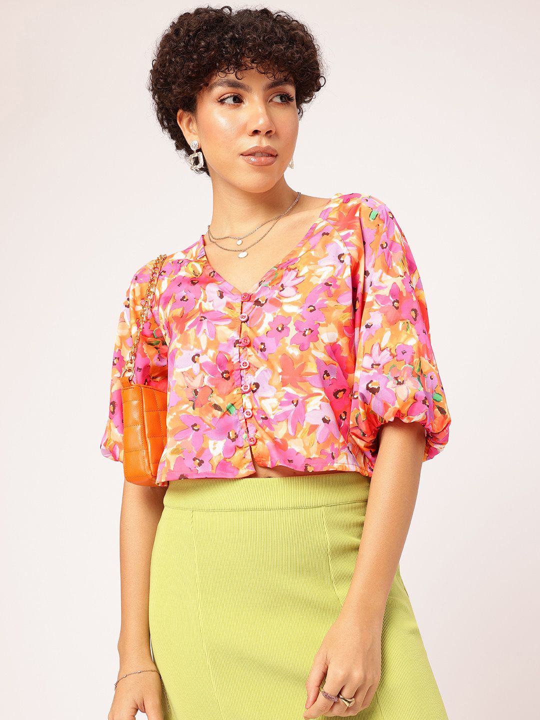 DressBerry Floral Paradise Print Puff Sleeve Shirt Style Crop Top