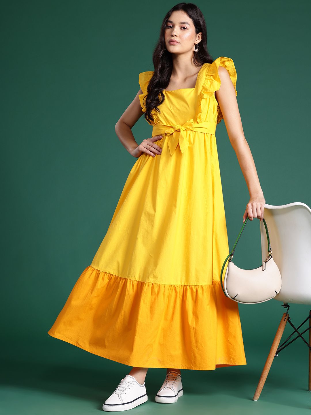 DressBerry Pure Cotton Colourblocked Ruffled Tiered Fit & Flare Maxi Dress with Bow Detail