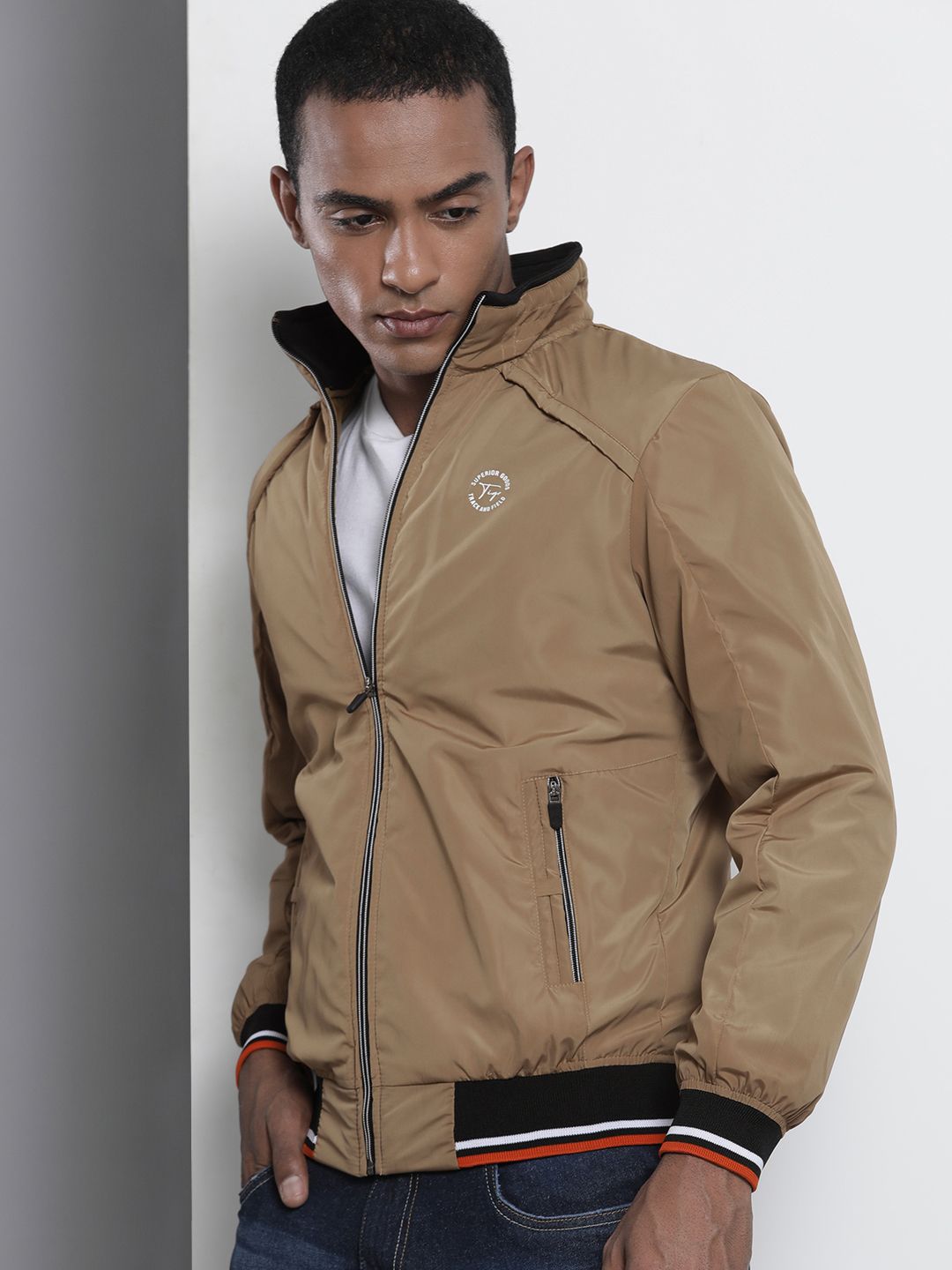 The Indian Garage Co Men Slim Fit High-Neck Zip-Front Bomber Jacket