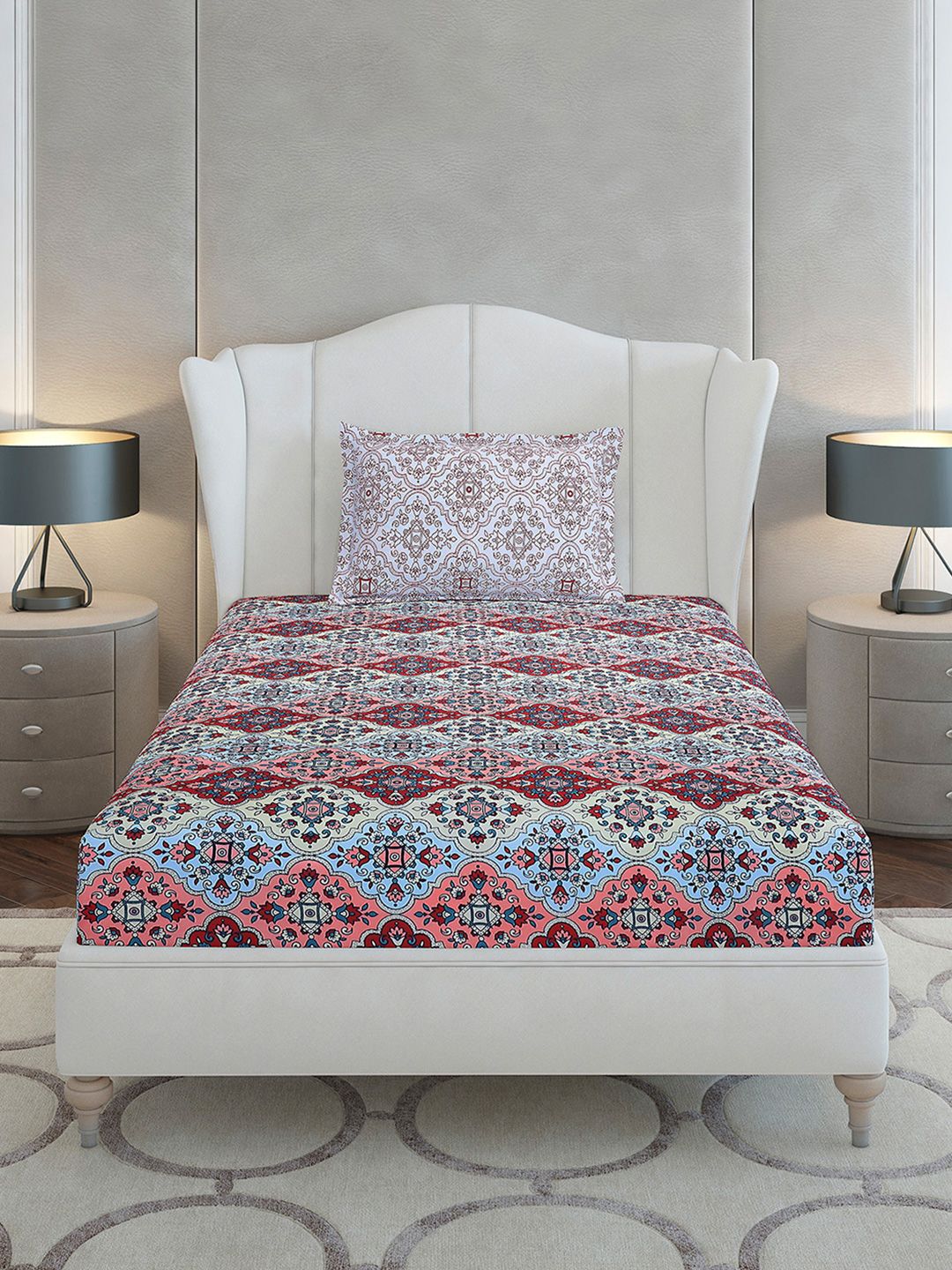 Monte Carlo Maroon & Blue Ethnic Motifs Cotton 144 TC Single Bedsheet Set-2.29 m x 1.52 m