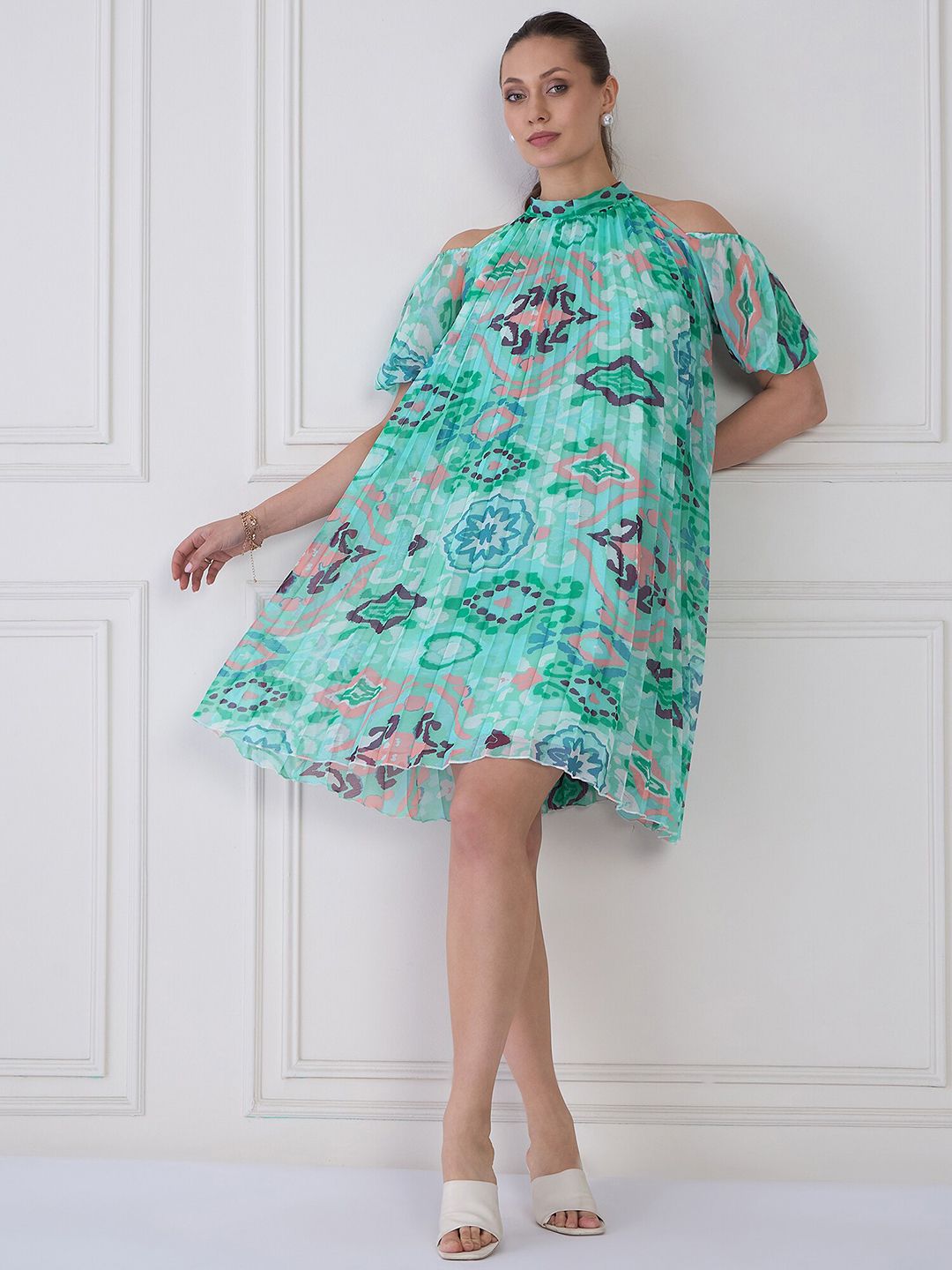 Antheaa Sea Blue Floral Print Halter Neck Pleated A-Line Dress