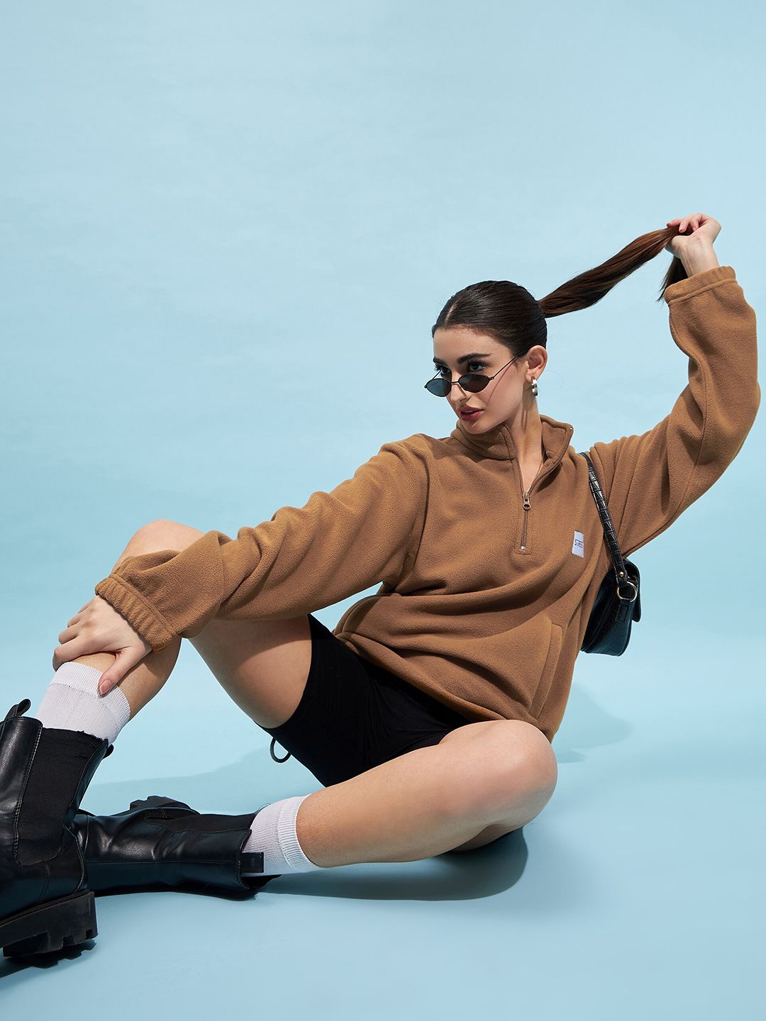 STREET 9 Brown Mock Collar Oversized Sweatshirt