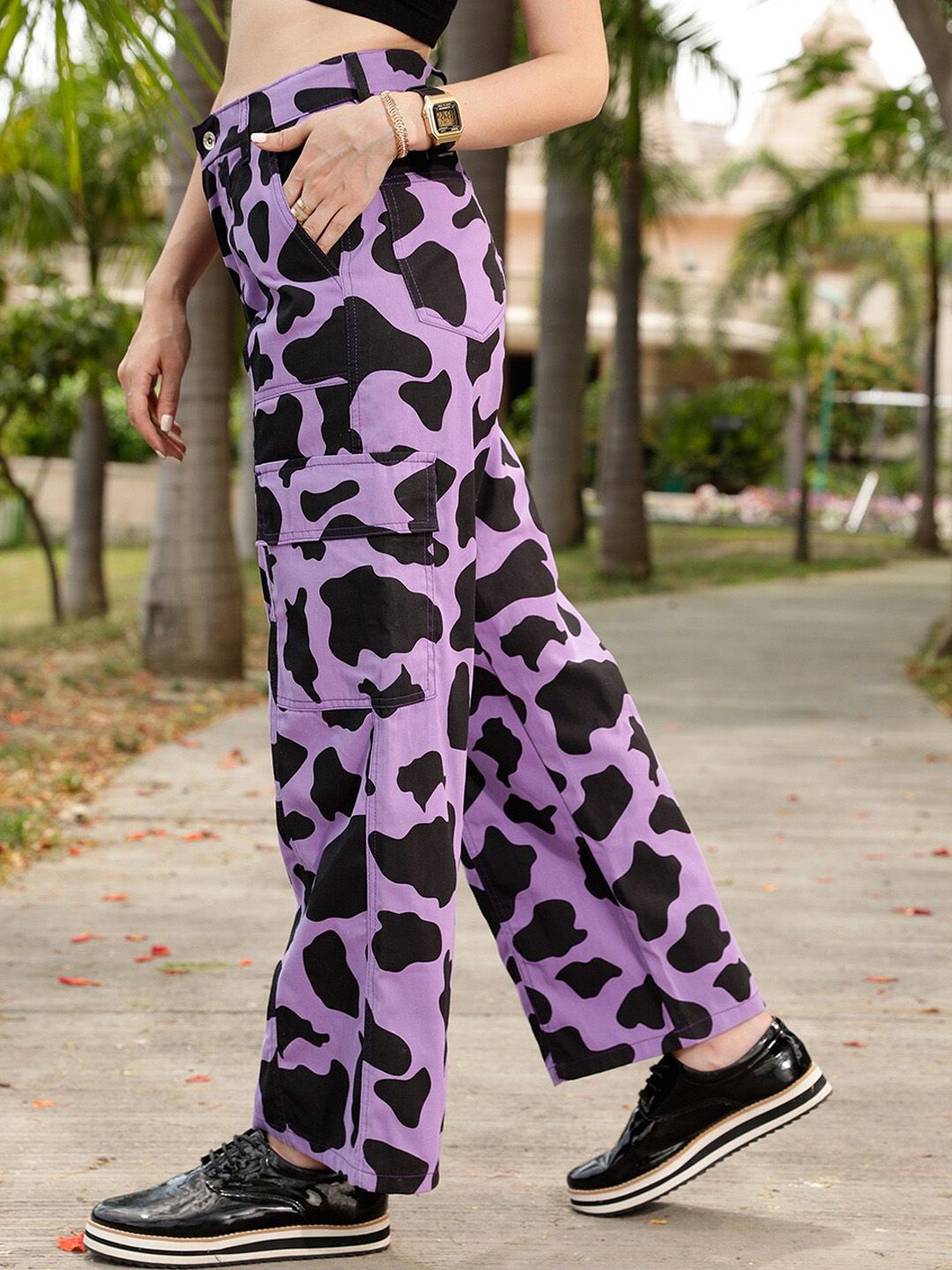STREET 9 Women Lavender Animal Printed Relaxed Straight Leg Trousers