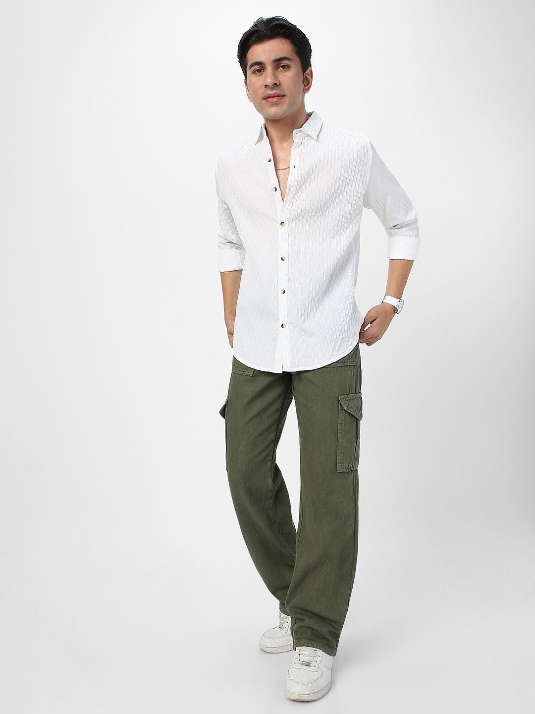 Urbano Fashion Men Spread Collar Textured Cotton Casual Shirt