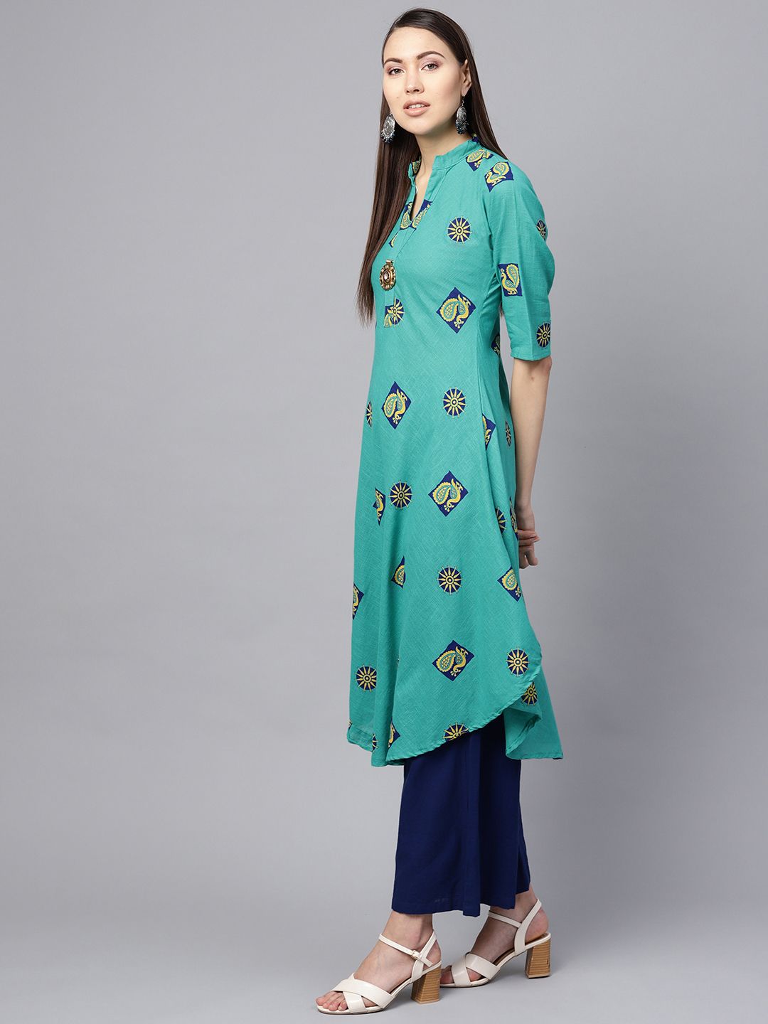 SOJANYA Women Sea Green & Yellow Printed A-Line Kurta