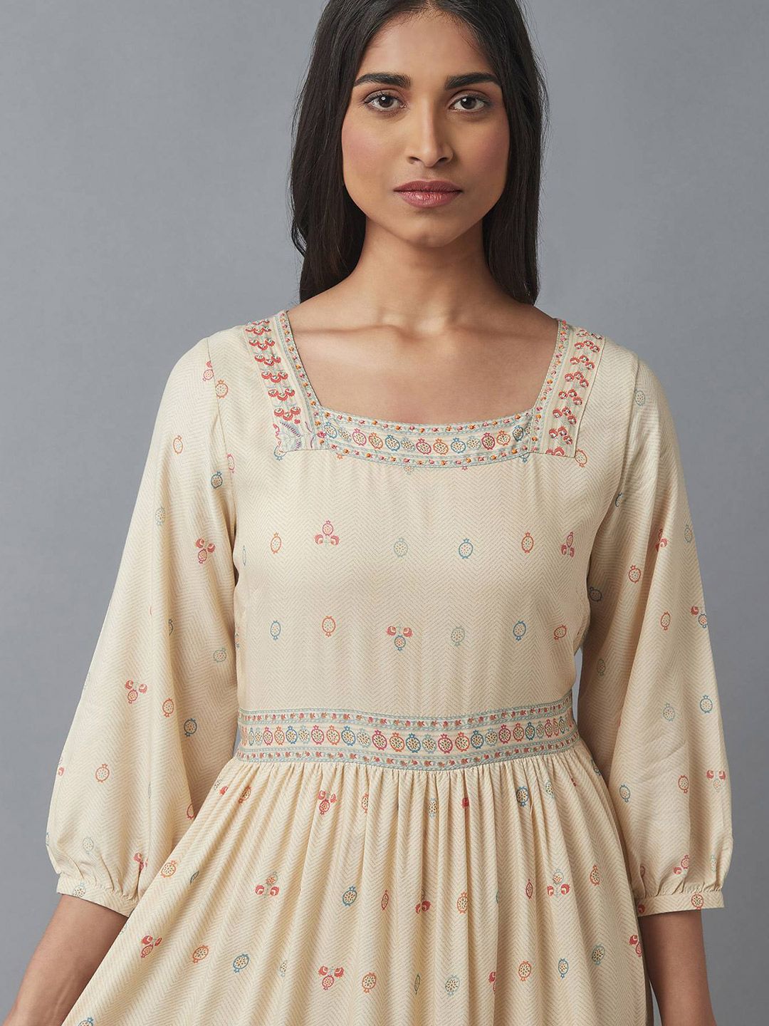 W Beige & Maroon Ethnic Motifs Maxi Dress