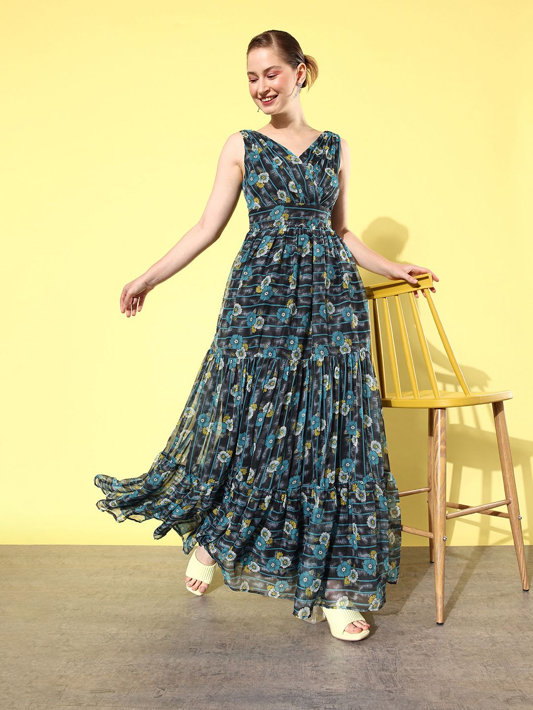 QUIERO Floral Printed Tie-Ups Detailed Georgette Maxi Dress