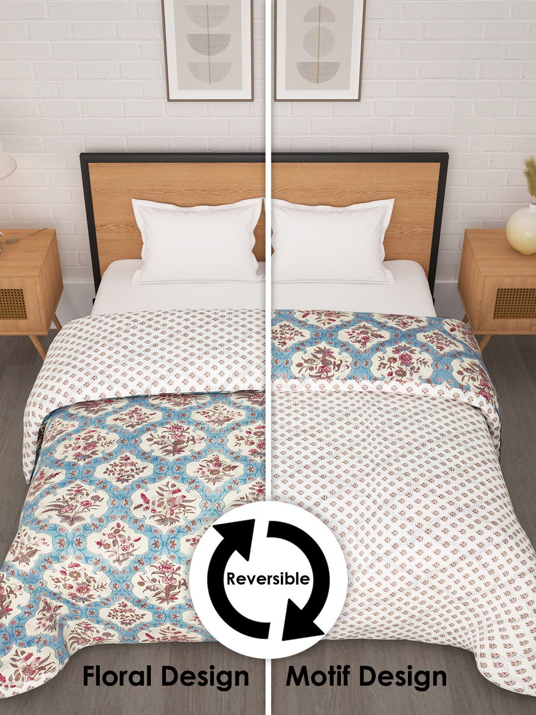 Story@home Cream-Coloured Blue Floral Ac Room 180GSM Reversible Double Bed Comforter