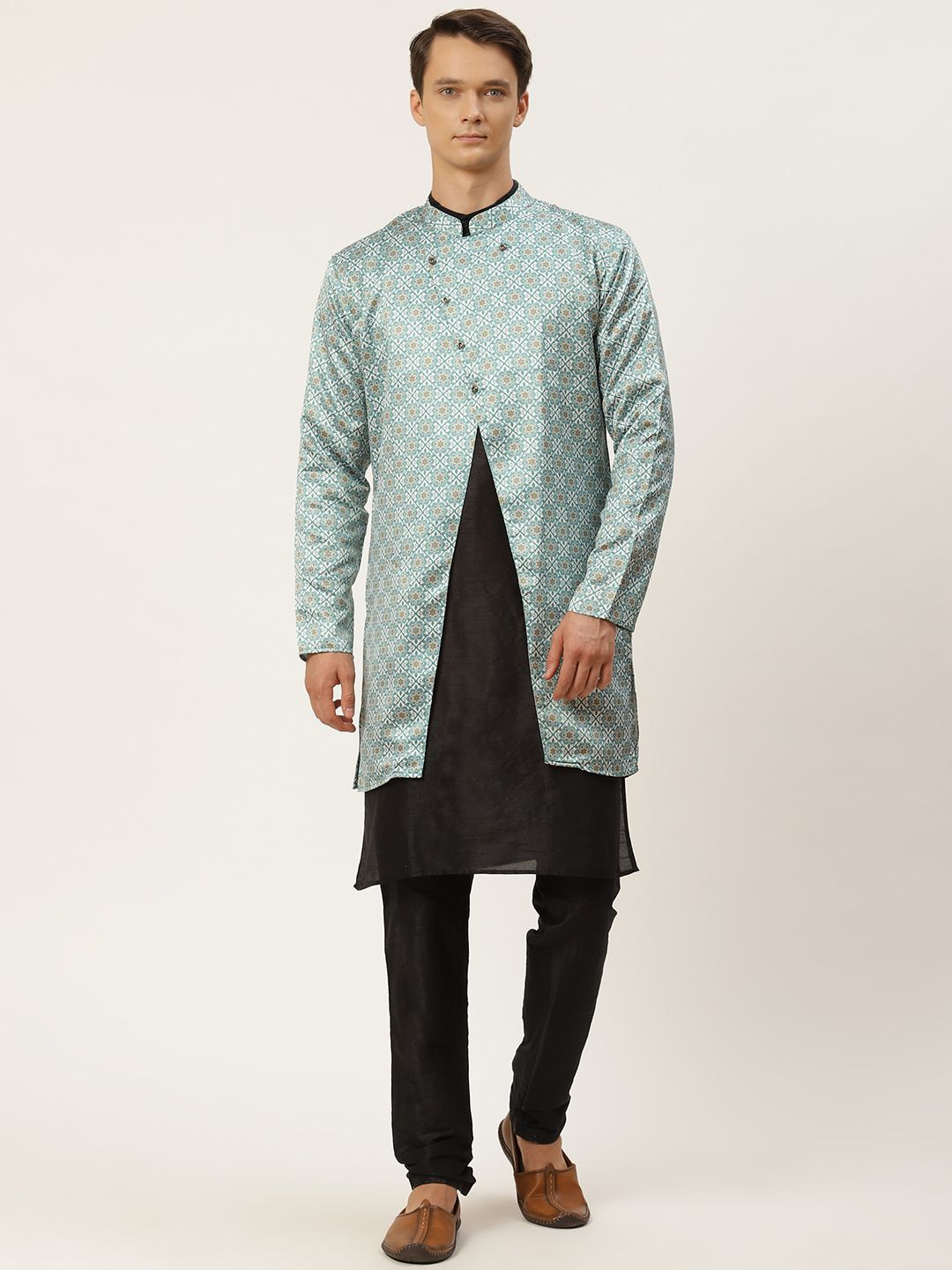 SOJANYA Men Green & Black Ethnic Motifs Print Kurta & Churidar with Tailored Jacket
