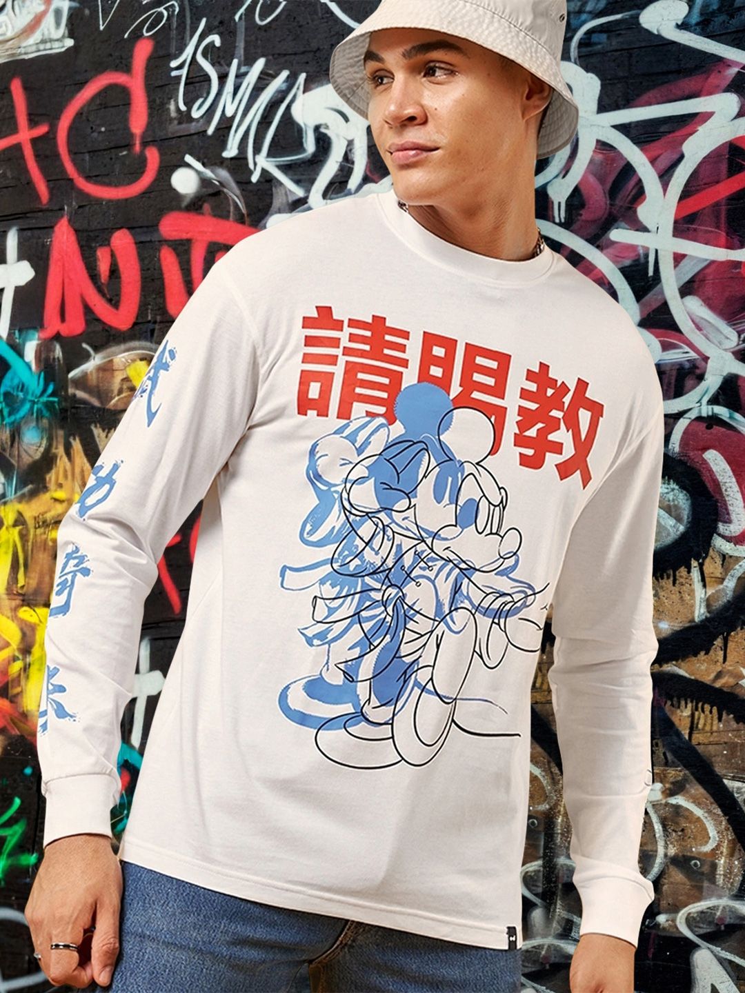 Bewakoof White Humour and Comic Mickey Mouse Graphic Printed Oversized Cotton T-shirt