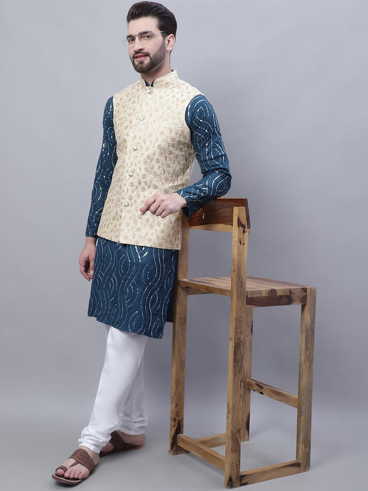 SOJANYA Men Leheriya Embroidered Sequinned Pure Cotton Kurta With Churidar & Nehru Kurta