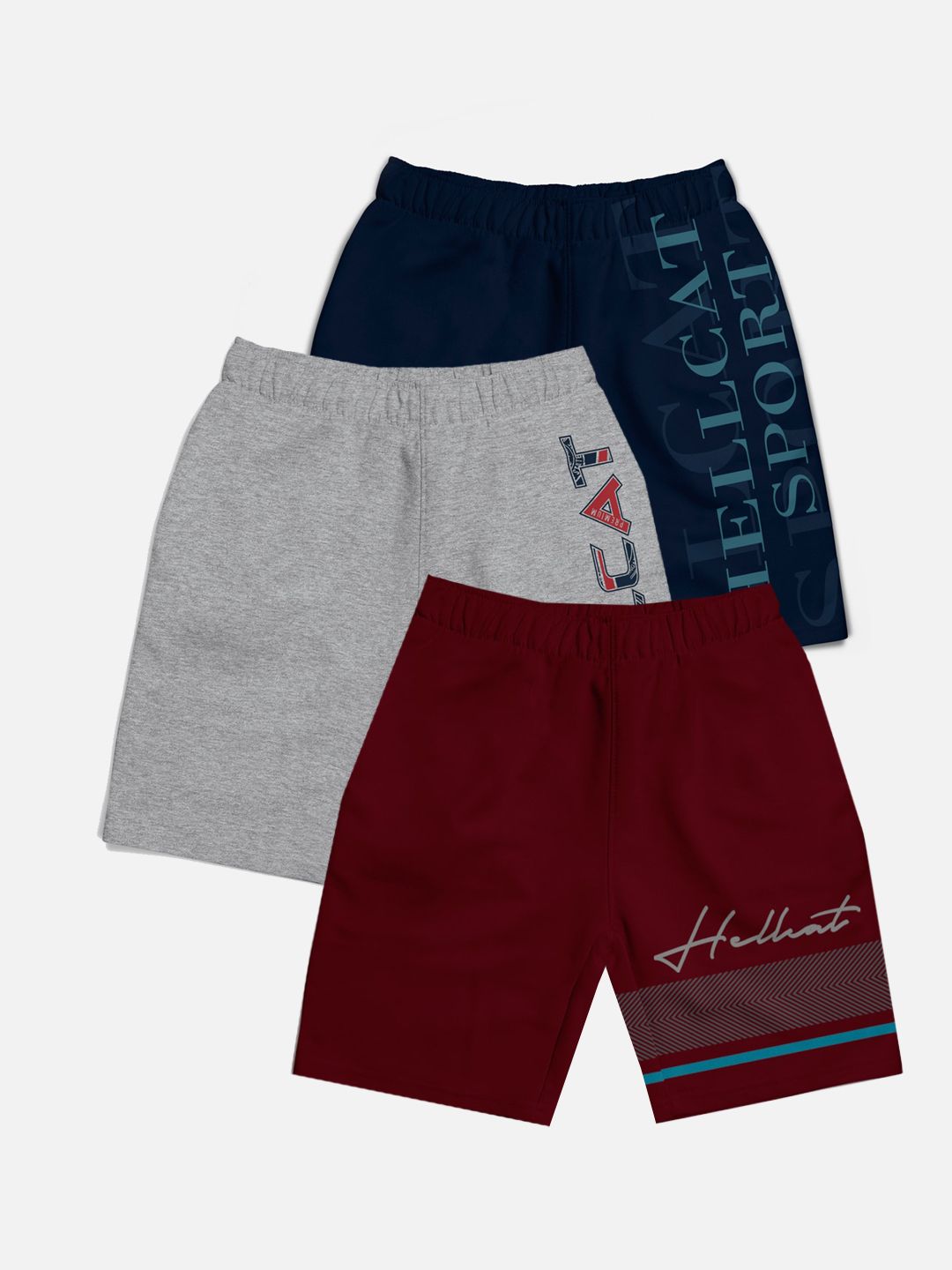 HELLCAT Boys Pack Of 3 Mid-Rise Typographic Printed Printed Cotton Shorts