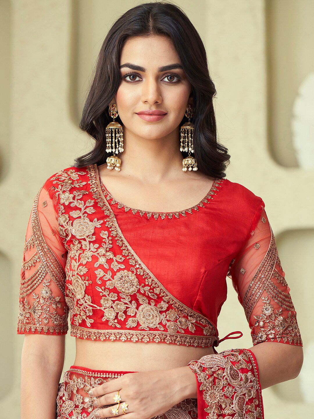 Mitera Pink & Gold-Toned Poly Georgette Saree with Jacket with Blouse