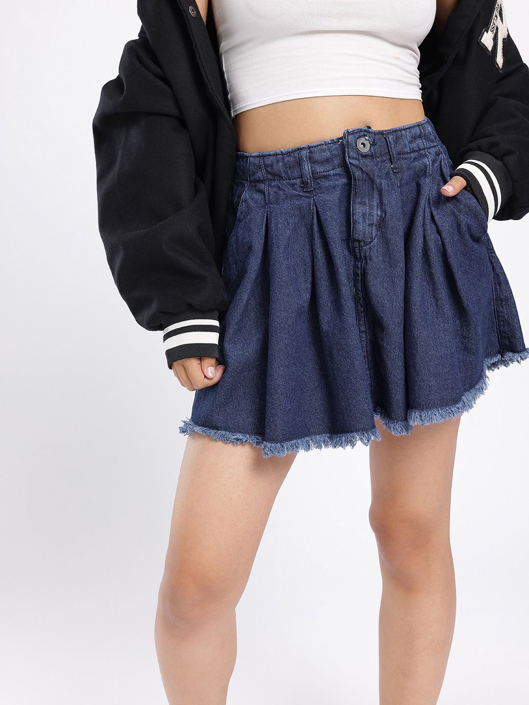 DressBerry Women Urban Chic Pleated Flared Denim Mini Skirt