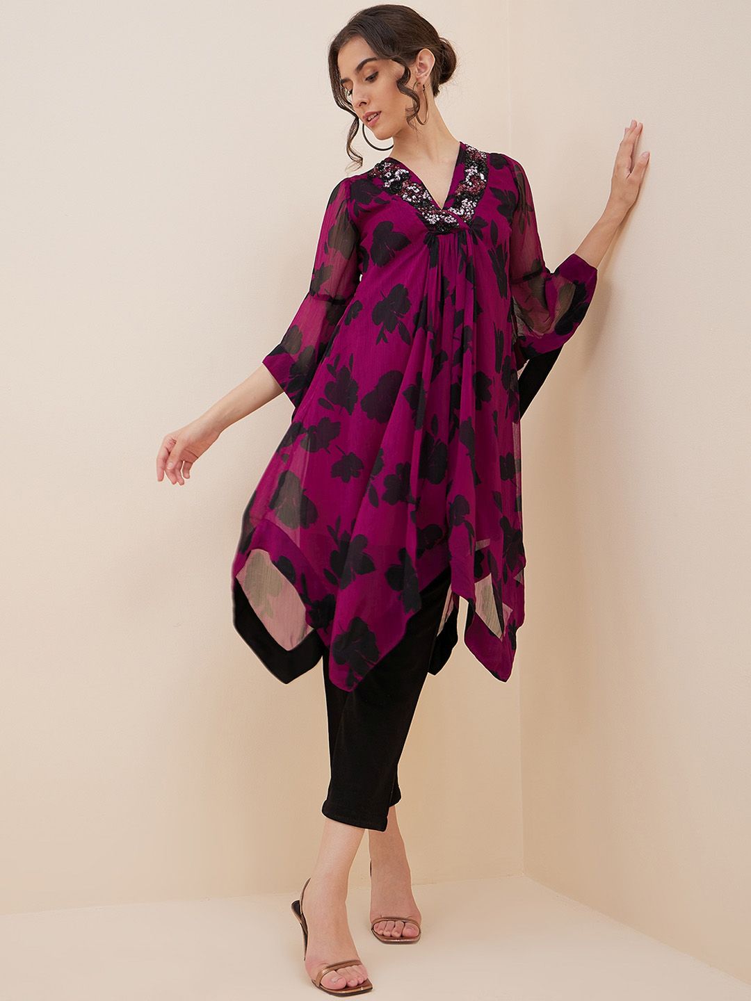 Antheaa Floral Printed Sequinned A-Line Top With Trousers