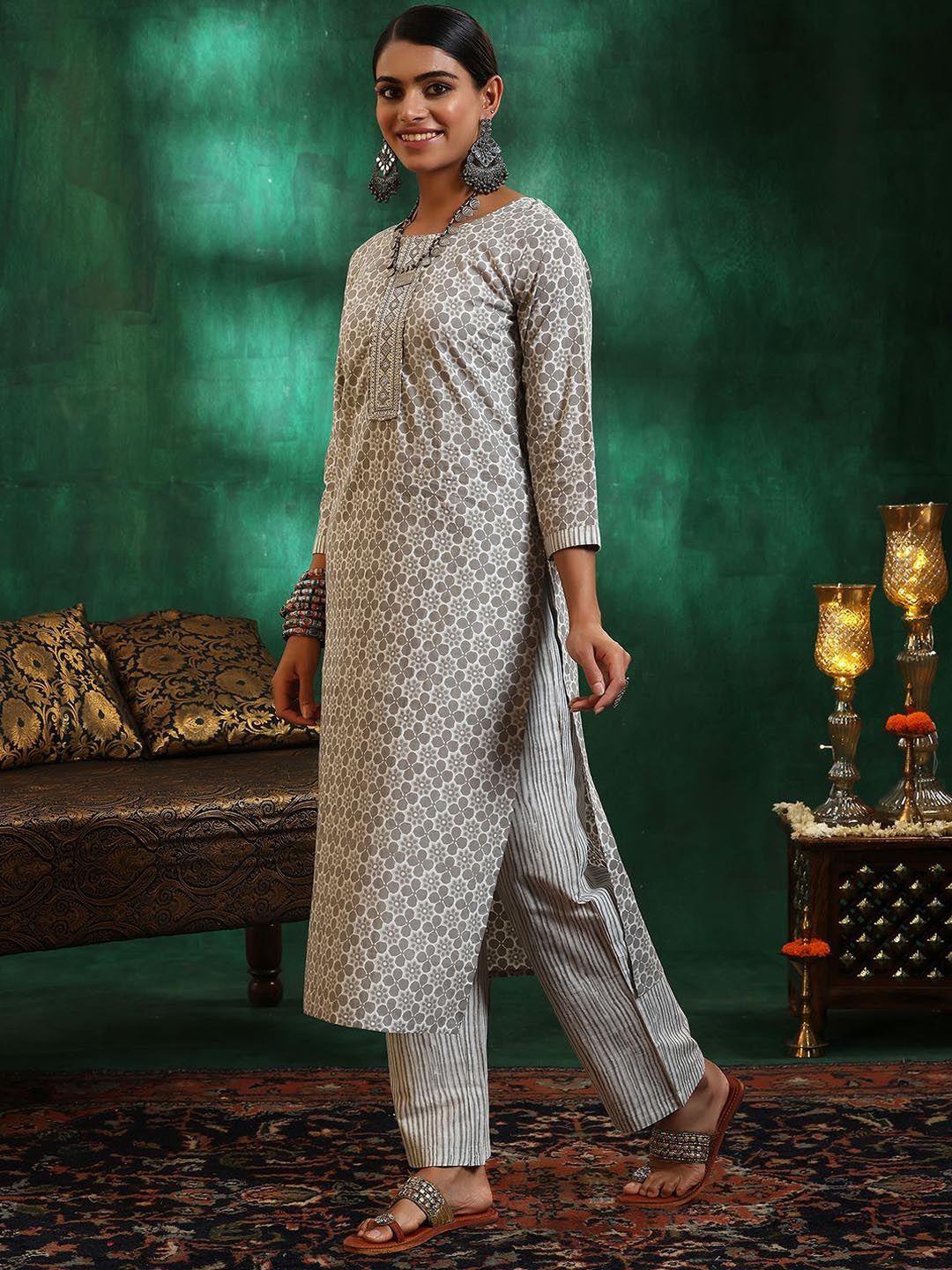 Libas Ethnic Motifs Printed Sequinned Pure Cotton A Line Kurta with Trousers & Dupatta