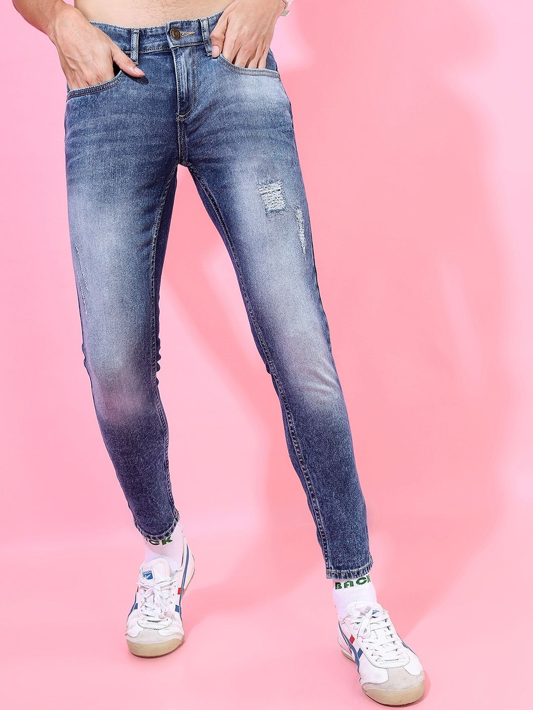 HIGHLANDER Men Blue Tapered Fit Low Distress Heavy Fade Jeans