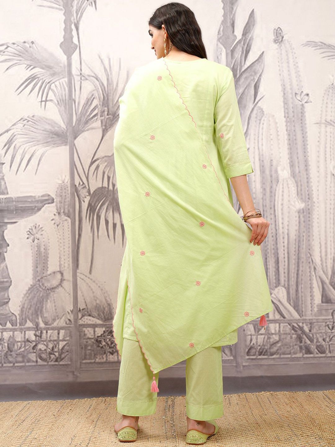 Vishudh Floral Embroidered Angrakha Thread Work Pure Cotton Kurta with Trousers & Dupatta