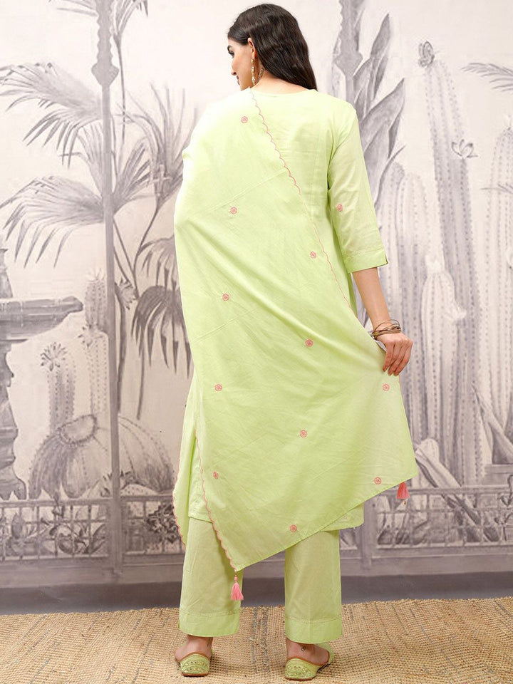 Vishudh Floral Embroidered Angrakha Thread Work Pure Cotton Kurta with Trousers & Dupatta