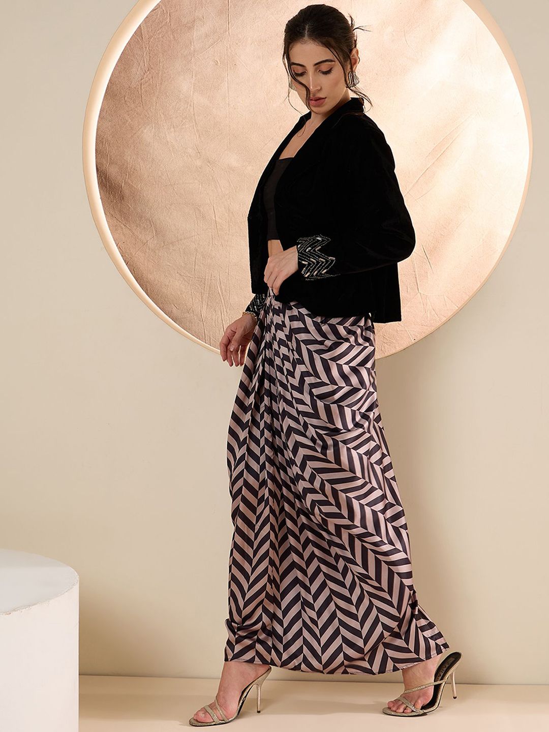 Antheaa Embellished Shawl Neck Jacket With Skirt