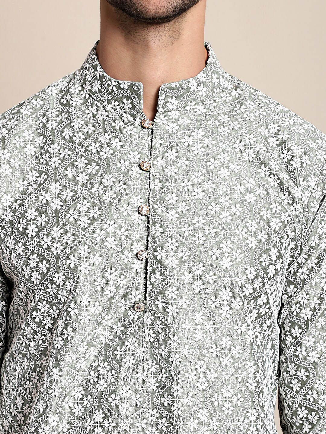 Anouk Green & White Floral Embroidered Chikankari Kurta With Pyjamas