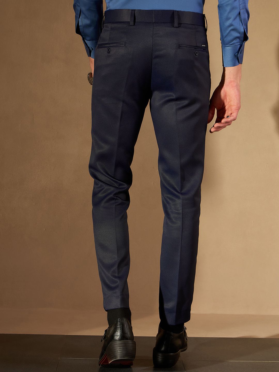 DENNISON Men Navy Blue Smart Tapered Fit Self Design Regular Trousers