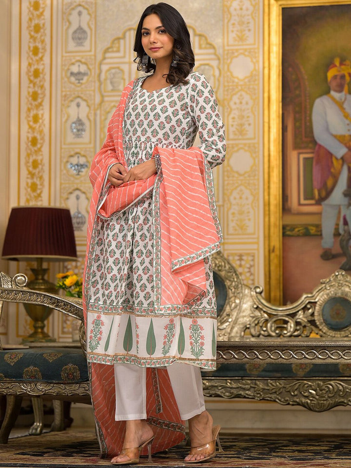 Vishudh White Floral Printed Pleated Pure Cotton Kurta with Trouser & Dupatta