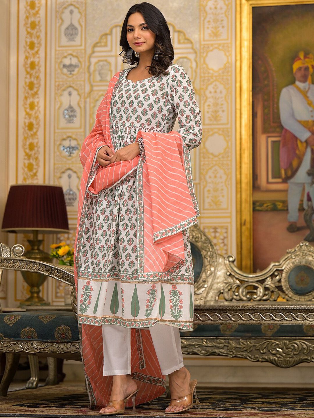 Vishudh White Floral Printed Pleated Pure Cotton Kurta with Trouser & Dupatta