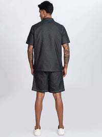 Eszett Black Textured Spread Collar Pure Cotton Shirt With Shorts Co-Ord Set