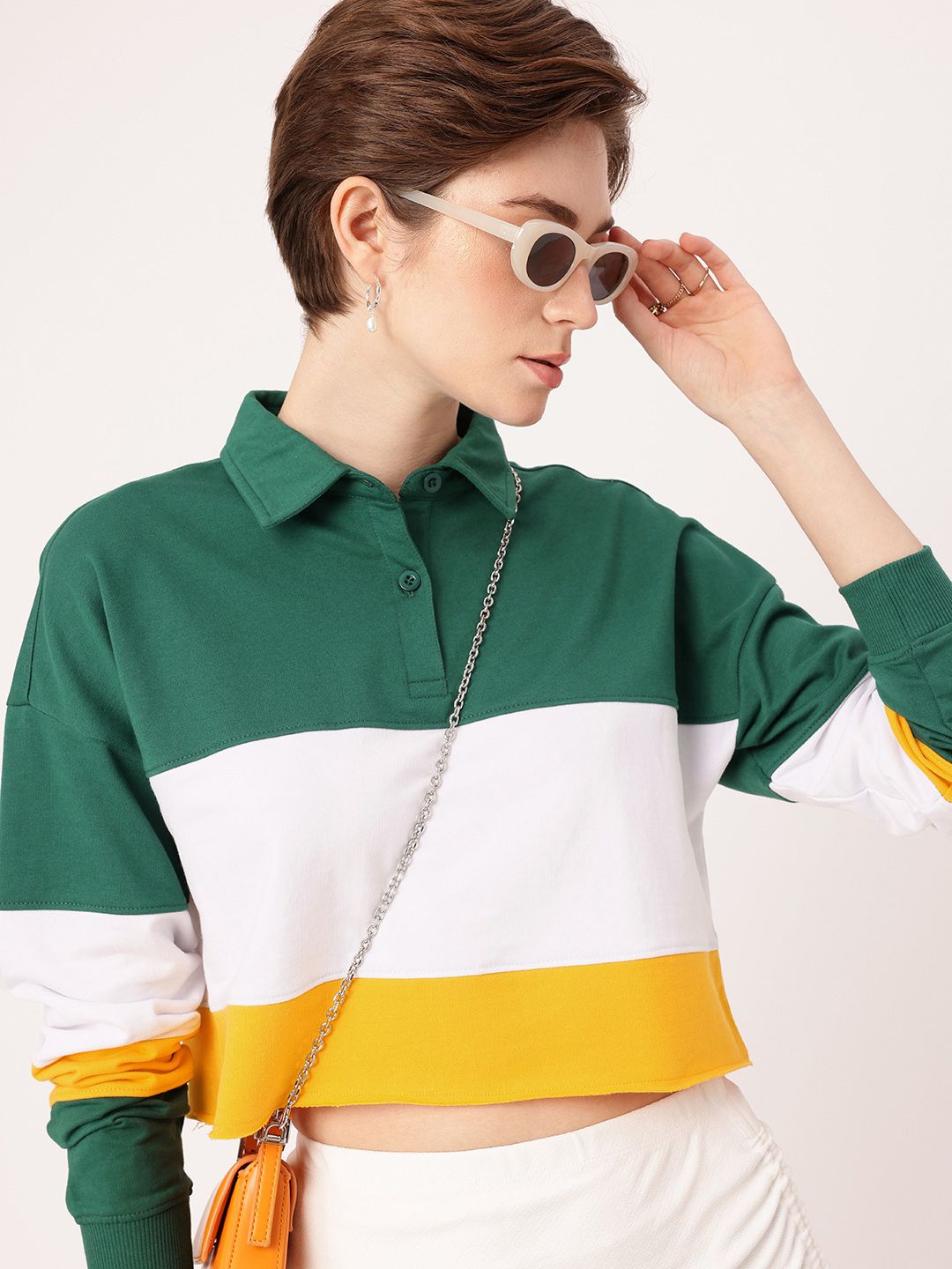 DressBerry Urban Cool Colourblocked Polo Boxy Crop Sweatshirts
