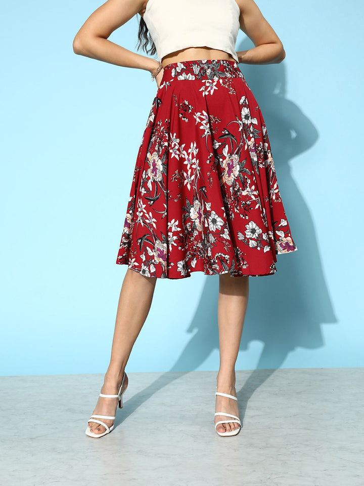 Berrylush Women Floral Print Flared High Rise A-Line Skirt
