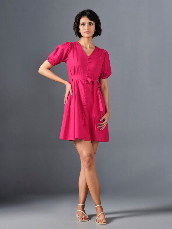 AND V-Neck Puff Sleeve A-Line Dress