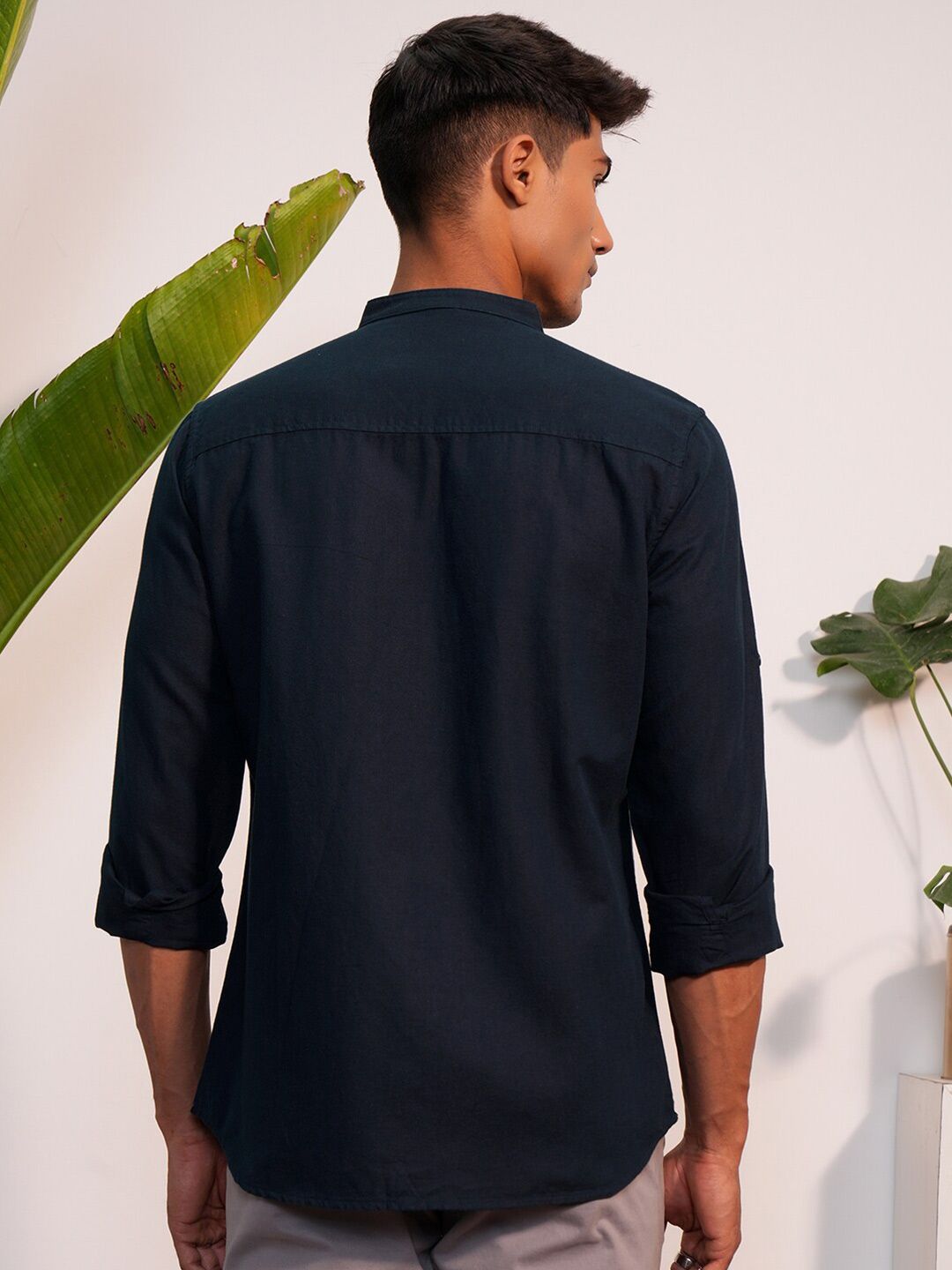 "Locomotive Premium Men Cotton Linen Solid Mandarin Collar Roll-Up Sleeve  Casual Shirt"