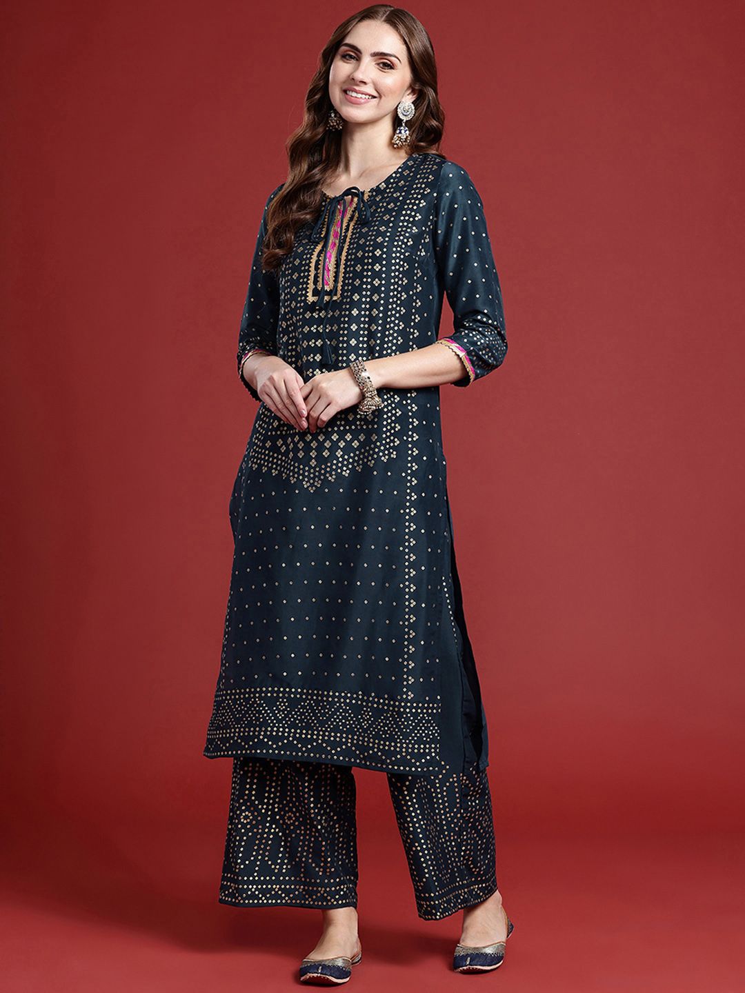 Anouk Ethnic Motifs Printed Tie-Up Neck Regular Gotta Patti Kurta With Palazzos