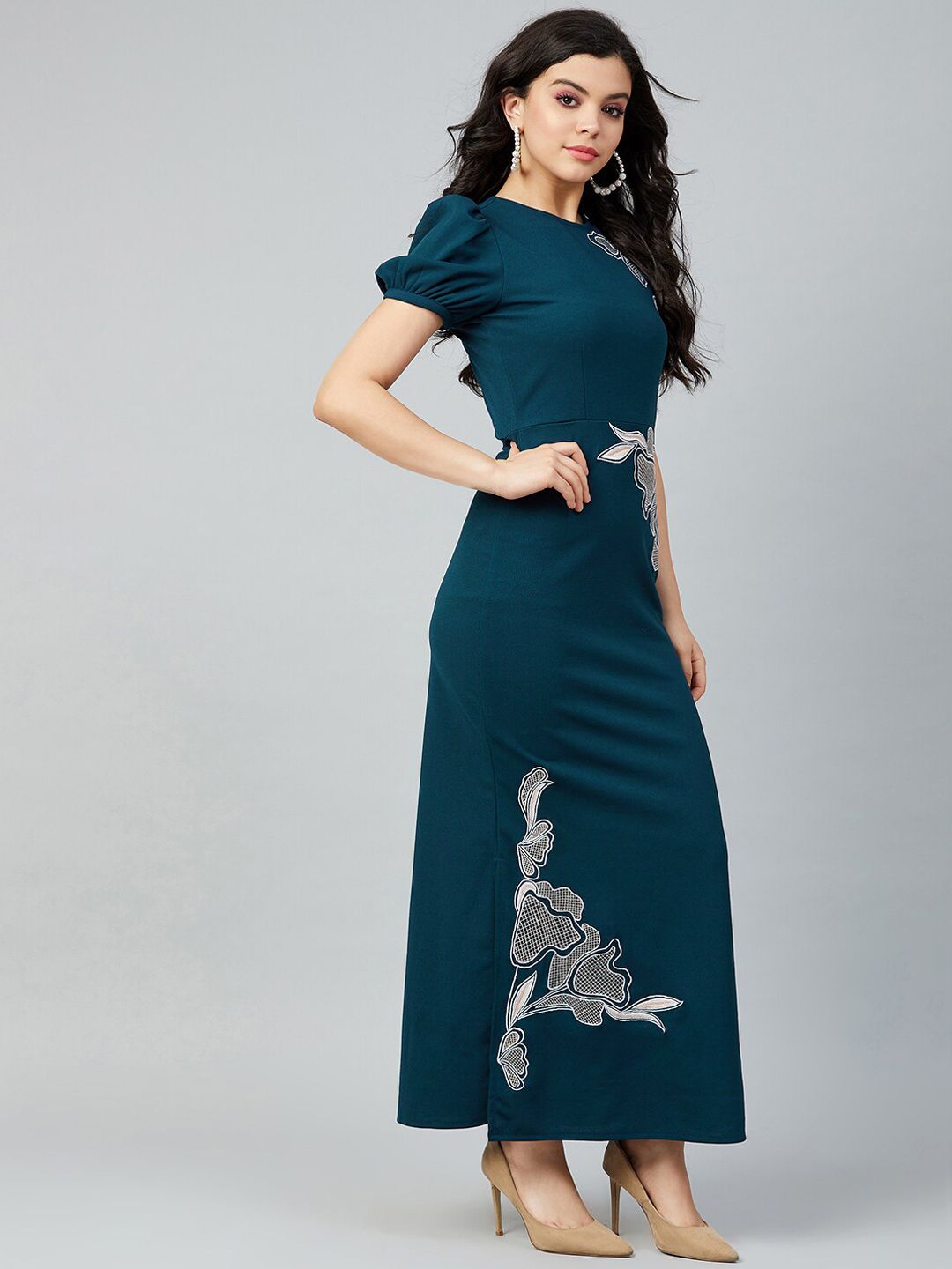 Athena Teal Blue & White Embroidered Maxi Dress