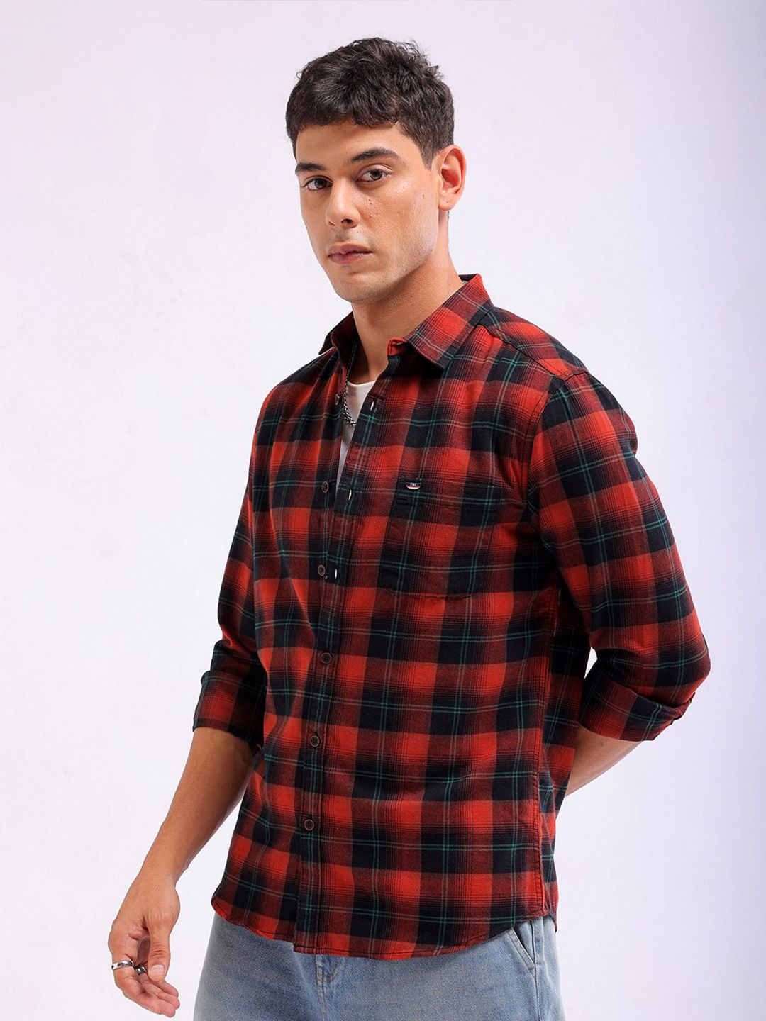 The Indian Garage Co Slim Fit Buffalo Checked Spread Collar Pure Cotton Casual Shirt