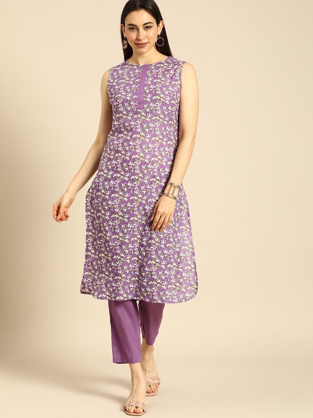 Anouk Women Lavender Floral Printed Regular Pure Cotton Kurta with Trousers
