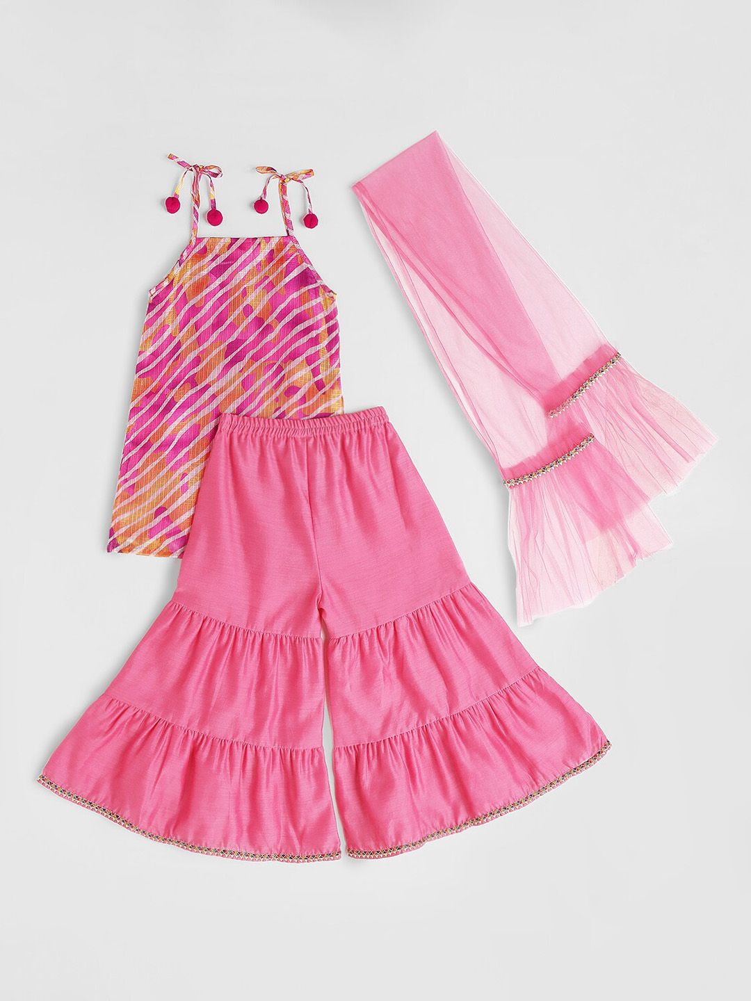 Nauti Nati Girls Leheriya Printed Shoulder Straps Gotta Patti Kurti with Sharara & Dupatta