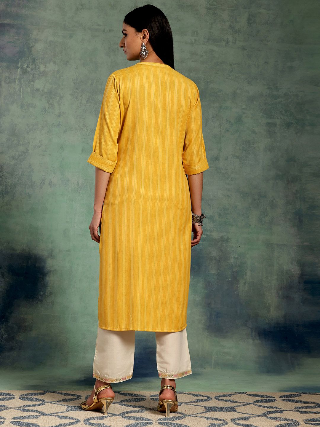 Libas Striped Mandarin Collar Straight Kurta
