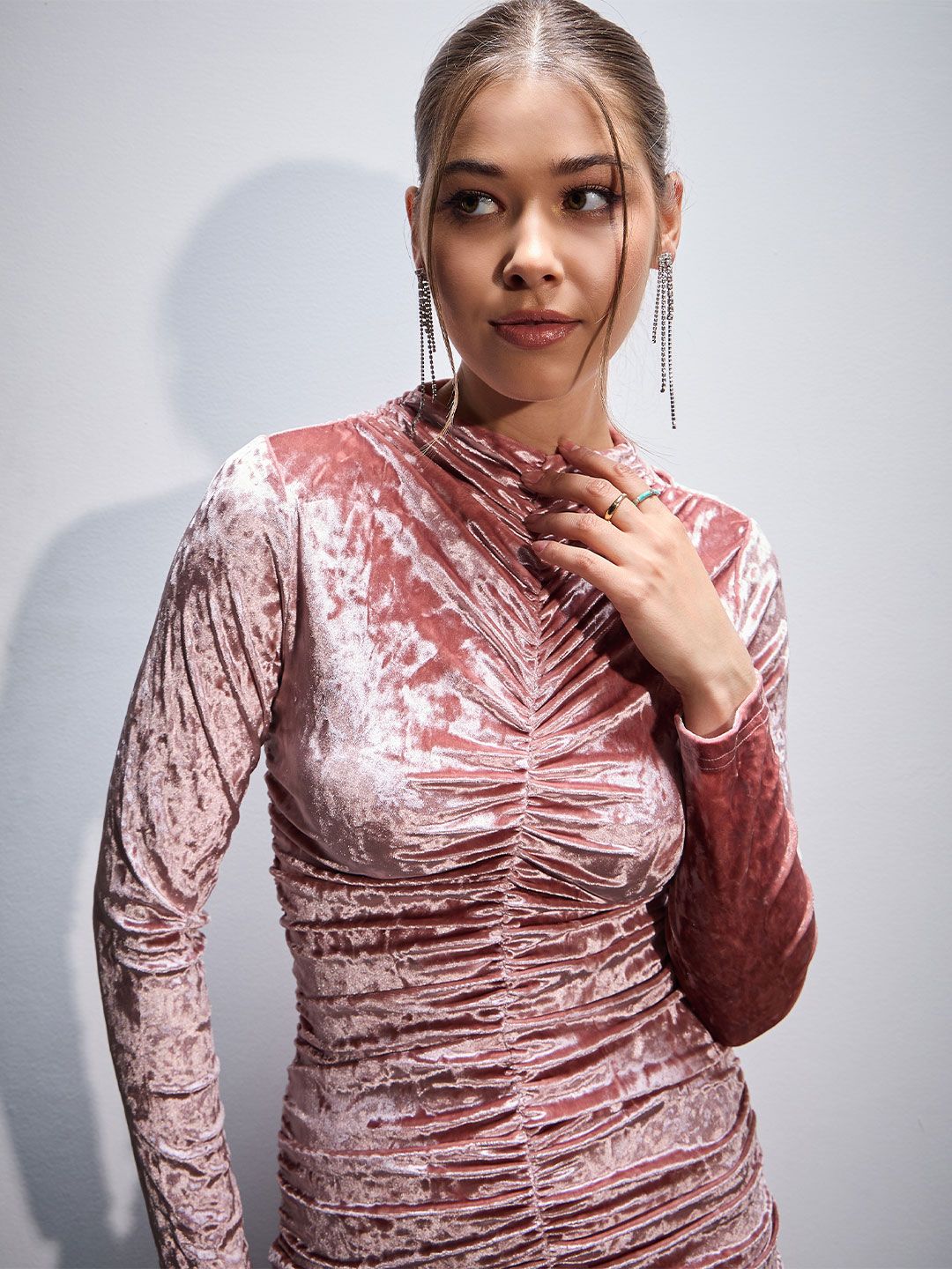 SASSAFRAS Pink High Neck Gathered Detail Velvet Bodycon Dress