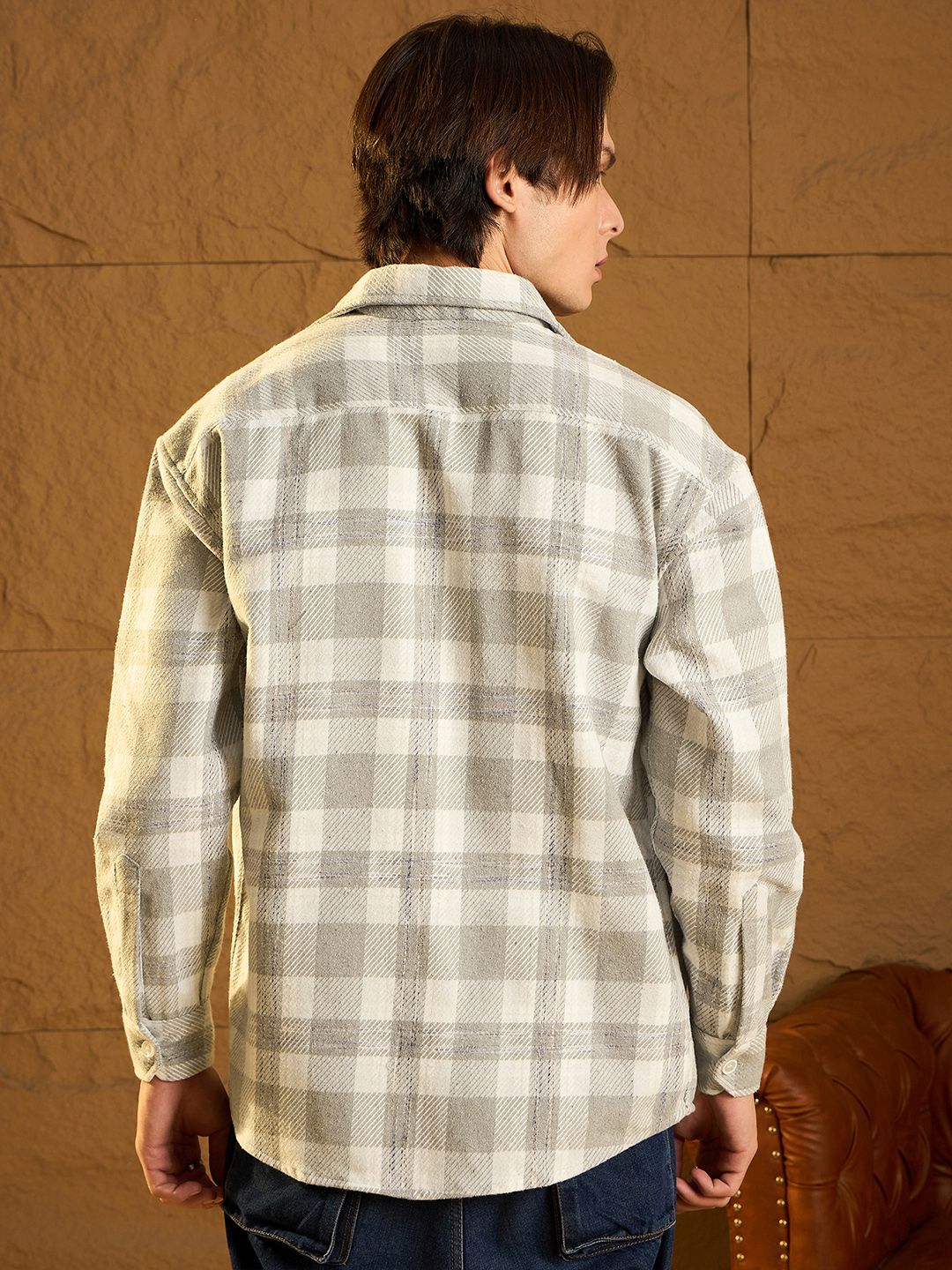 DENNISON Men Double Pocket Drop Shoulder Oversized Cotton Checked Shacket