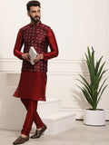 SOJANYA Men Maroon Solid Kurta Set With Printed Jacket
