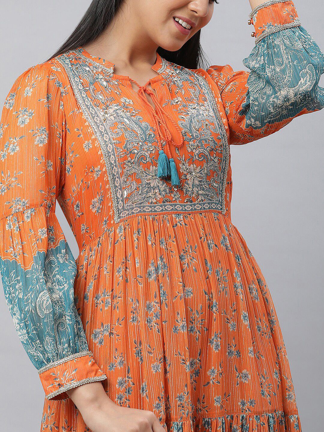 AURELIA Floral Printed Tie-Up Neck Cuffed Sleeves Tiered Detail Georgette Maxi Dress